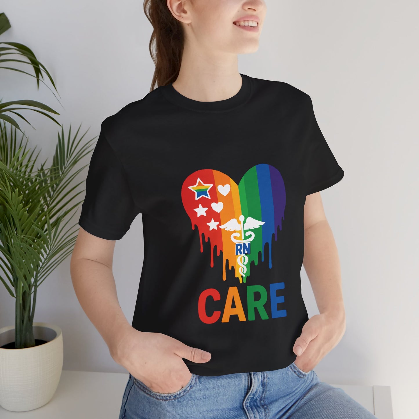 Pride Care T-Shirt, Rainbow RN Tee, Unisex Healthcare Shirt, Nursing Gift, LGBTQ+ Support Tee