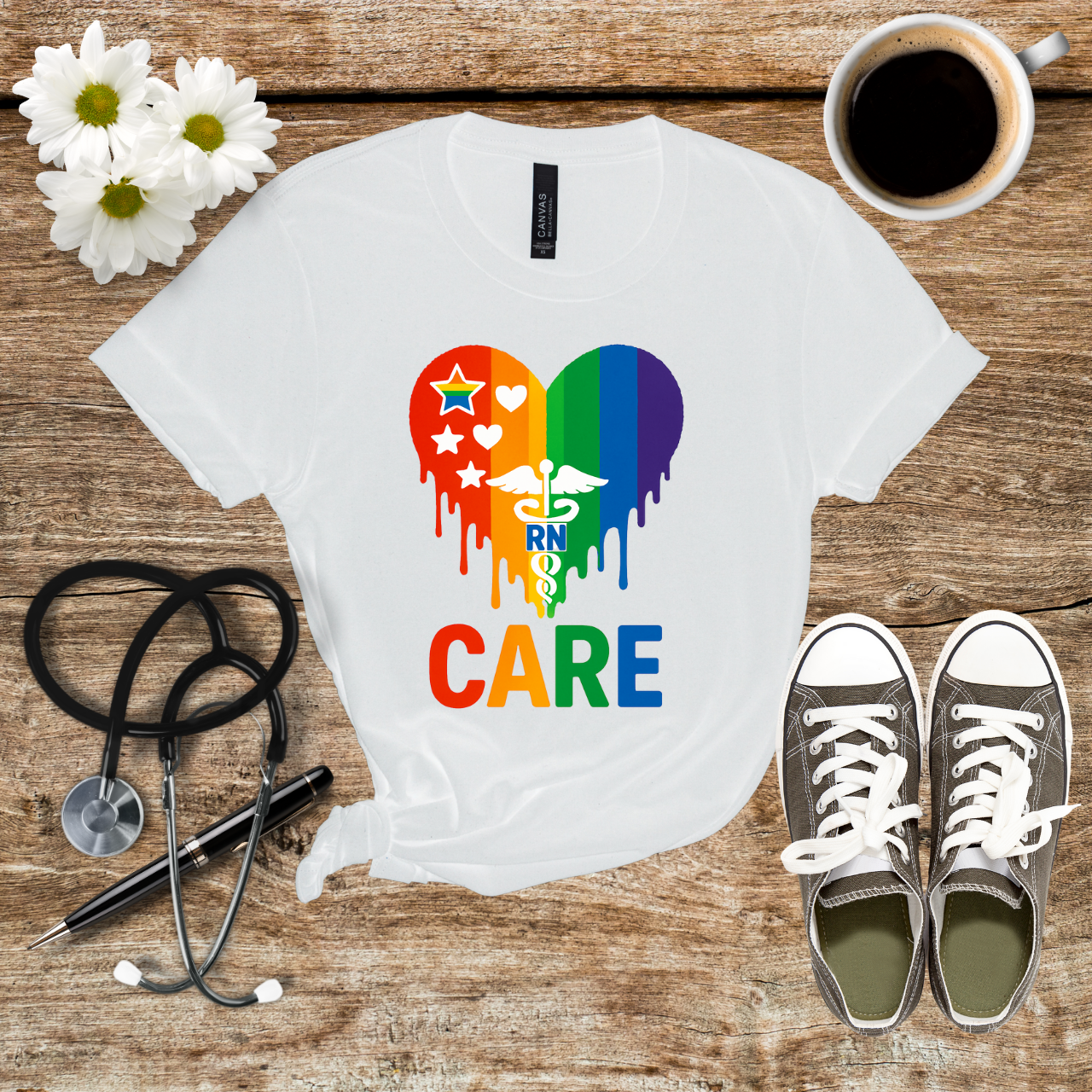 Pride Care T-Shirt, Rainbow RN Tee, Unisex Healthcare Shirt, Nursing Gift, LGBTQ+ Support Tee