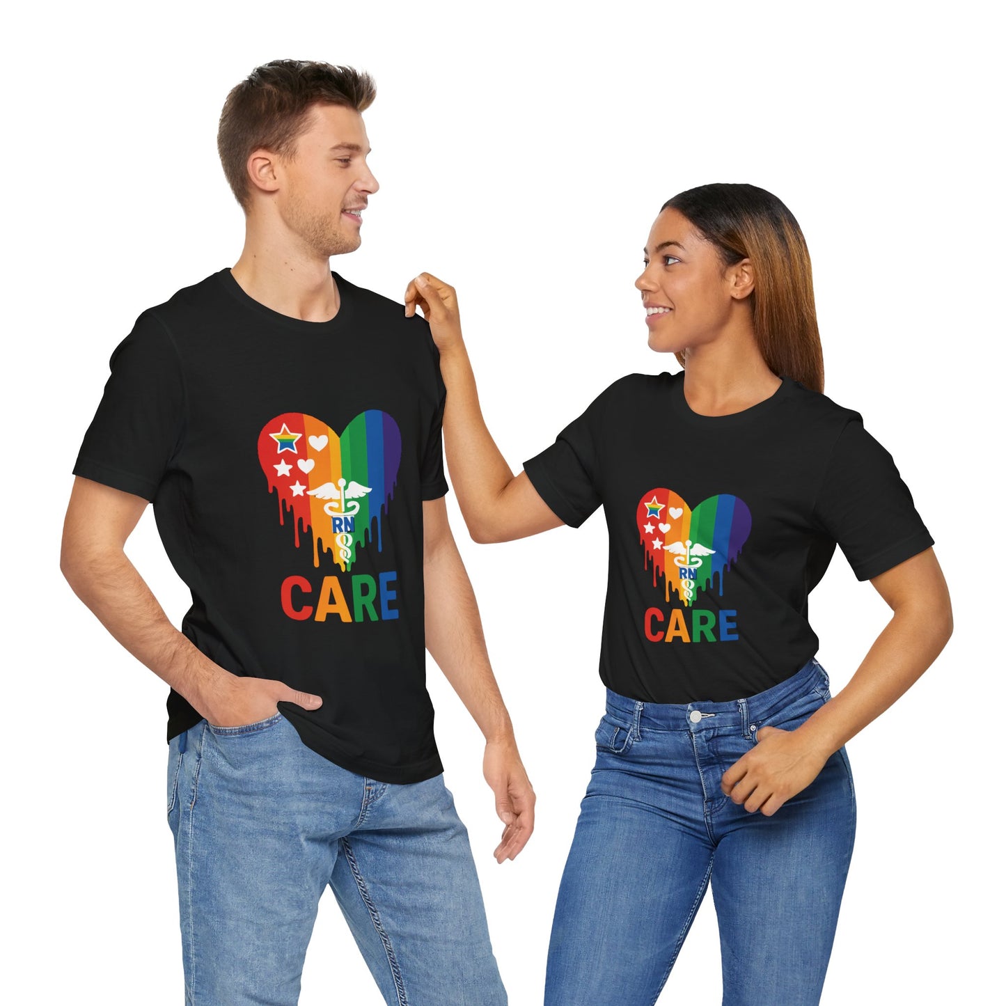 Pride Care T-Shirt, Rainbow RN Tee, Unisex Healthcare Shirt, Nursing Gift, LGBTQ+ Support Tee