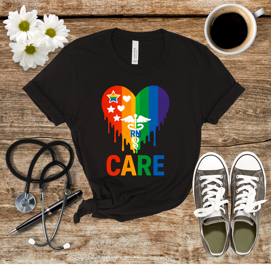 Pride Care T-Shirt, Rainbow RN Tee, Unisex Healthcare Shirt, Nursing Gift, LGBTQ+ Support Tee